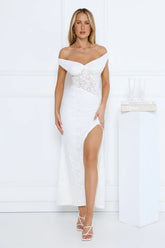 Ivory Veil Off Shoulder Lace Maxi Dress White