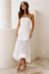 Luxe Petal Lace Strapless Maxi Dress White
