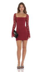Lace Long Sleeve Bodycon Dress in Maroon