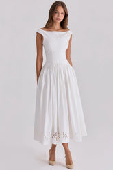 white cotton broderie anglaise boat neck maxi dress