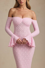 Off-Shoulder Ruffle Lace Maxi Dress in Soft Pink