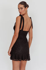 Emine Bow Shoulder Lace Mini Dress Black